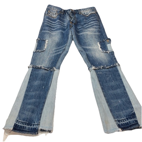 MNML hippie Patchwork jeans Blue flared leg Frayed Denim Rip Button Fly women 31 - Picture 1 of 14